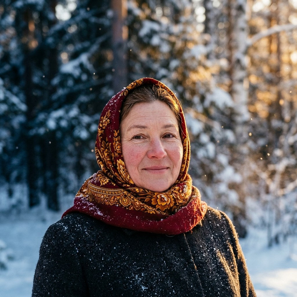 Mujer siberiana con pañuelo en la nieve